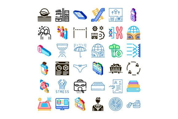 Various Icons Symbolizing Research, Heal and Diverse Vector Icon Set for Modern Design